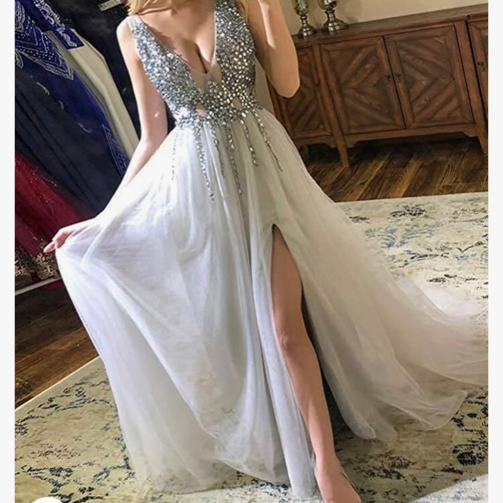 Jeweled Formal Dress with Slit